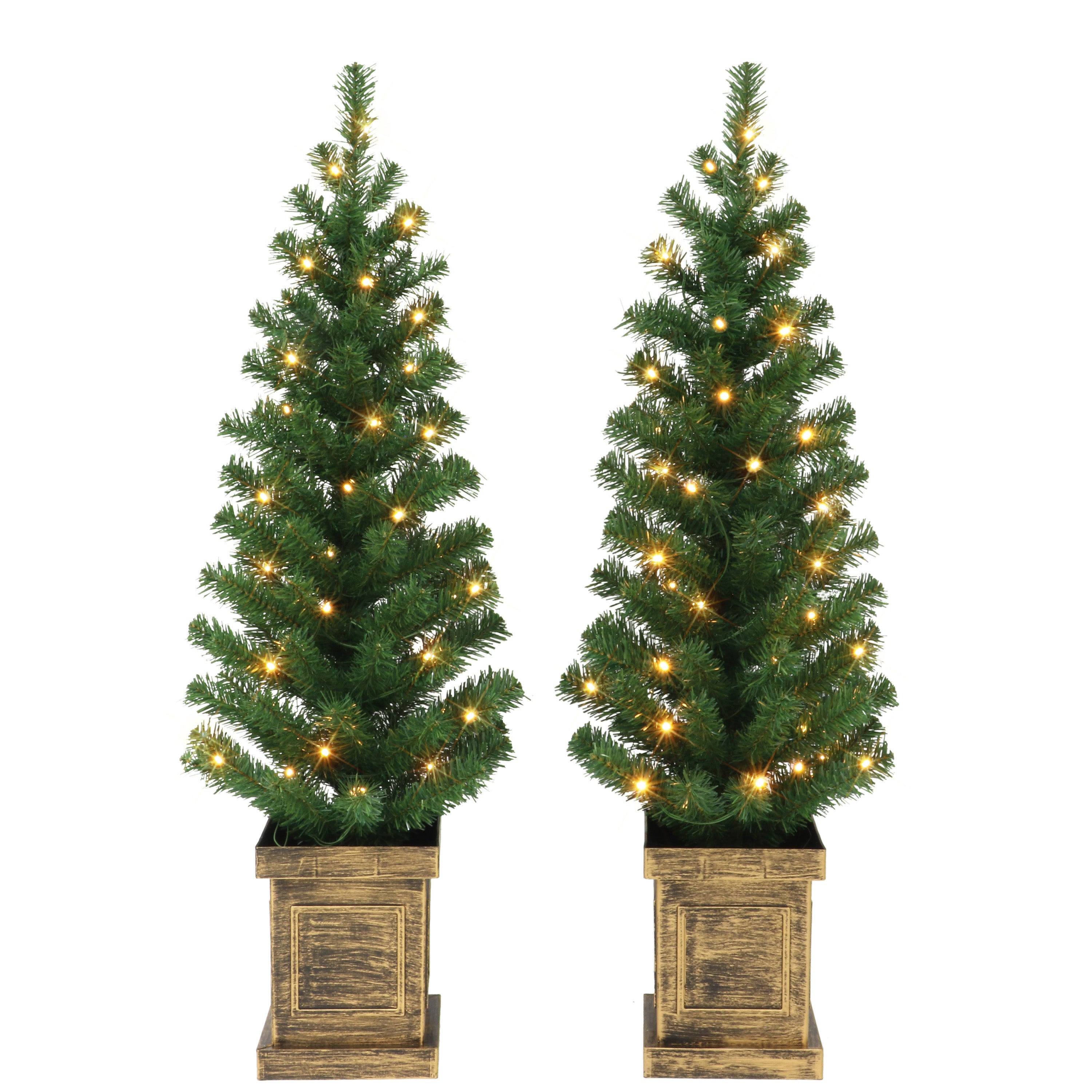 Set of 2, 3.5 ft Potted Pre-lit Trees, 90 Tips, 35 B/O Warm White LED Lights, Plastic Pot, (3 x AA batteries not included), On/Off Timer Function 2641A-ST35LW5K035-BO